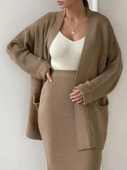 Pocketed Long Sleeve Cardigan and Skirt Sweater Set Camel One Size Easy Apparels