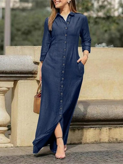 Full Size Button-Down Maxi Denim Dress Plus Size Easy Apparels