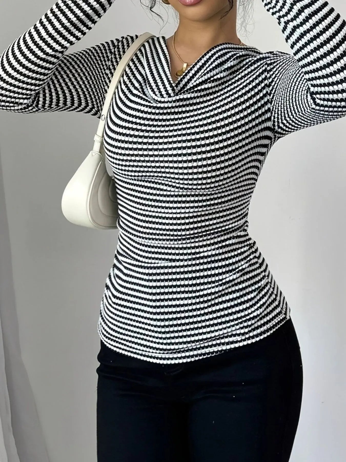 Trendsi Striped Cowl Neck Long Sleeve T-Shirt