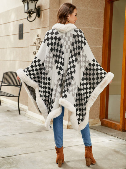 Checkered Faux Fur Trim Poncho Easy Apparels