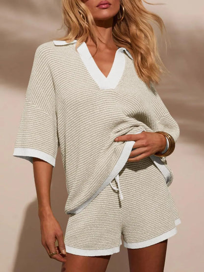 Collared Neck Contrast Striped Top and Shorts Sweater Set Apricot Easy Apparels