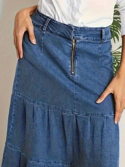Tiered Maxi Denim Skirt with Zipper Detail Easy Apparels