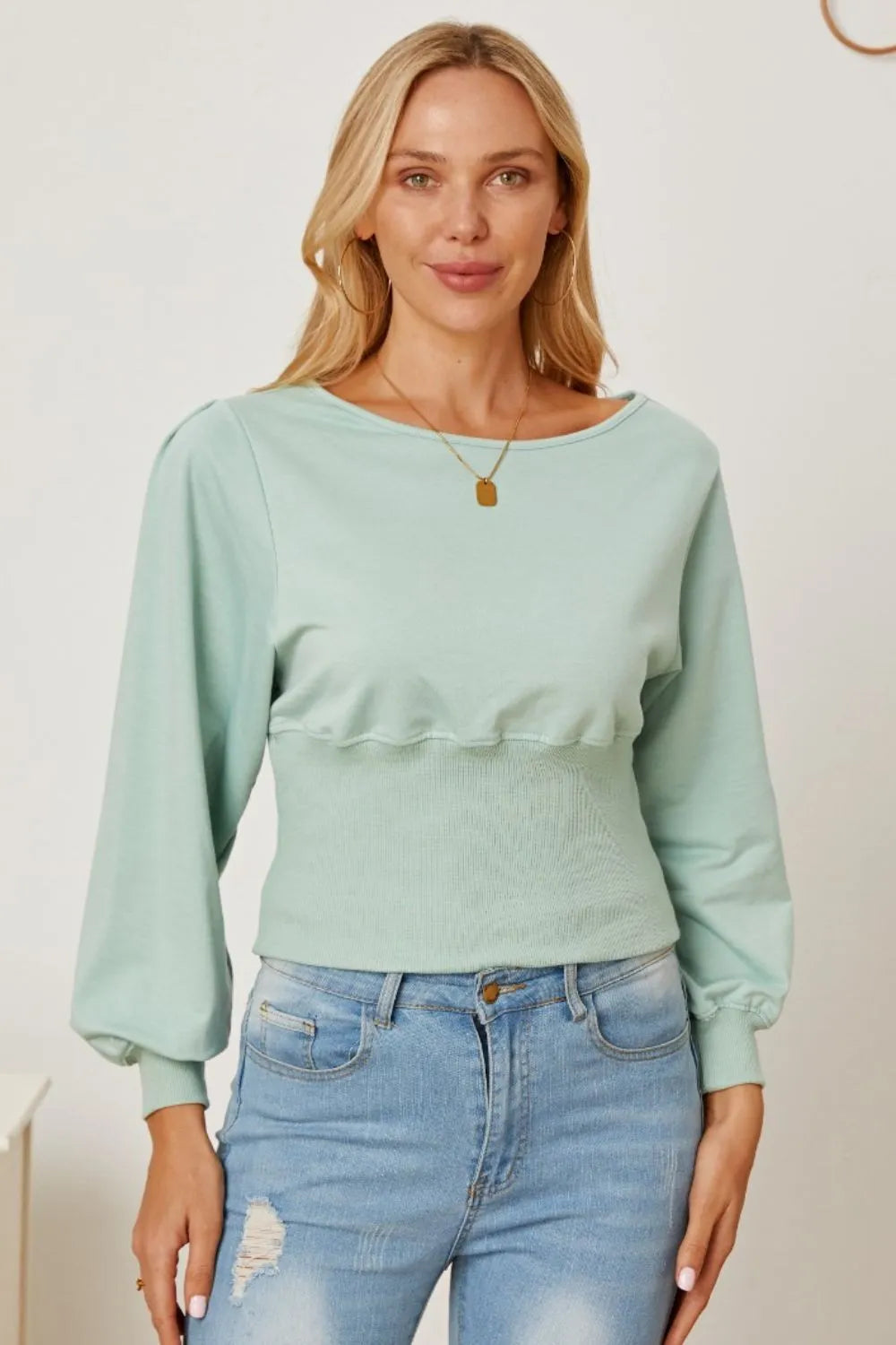 Trendsi Boat Neck Lantern Sleeve Blouse Sage