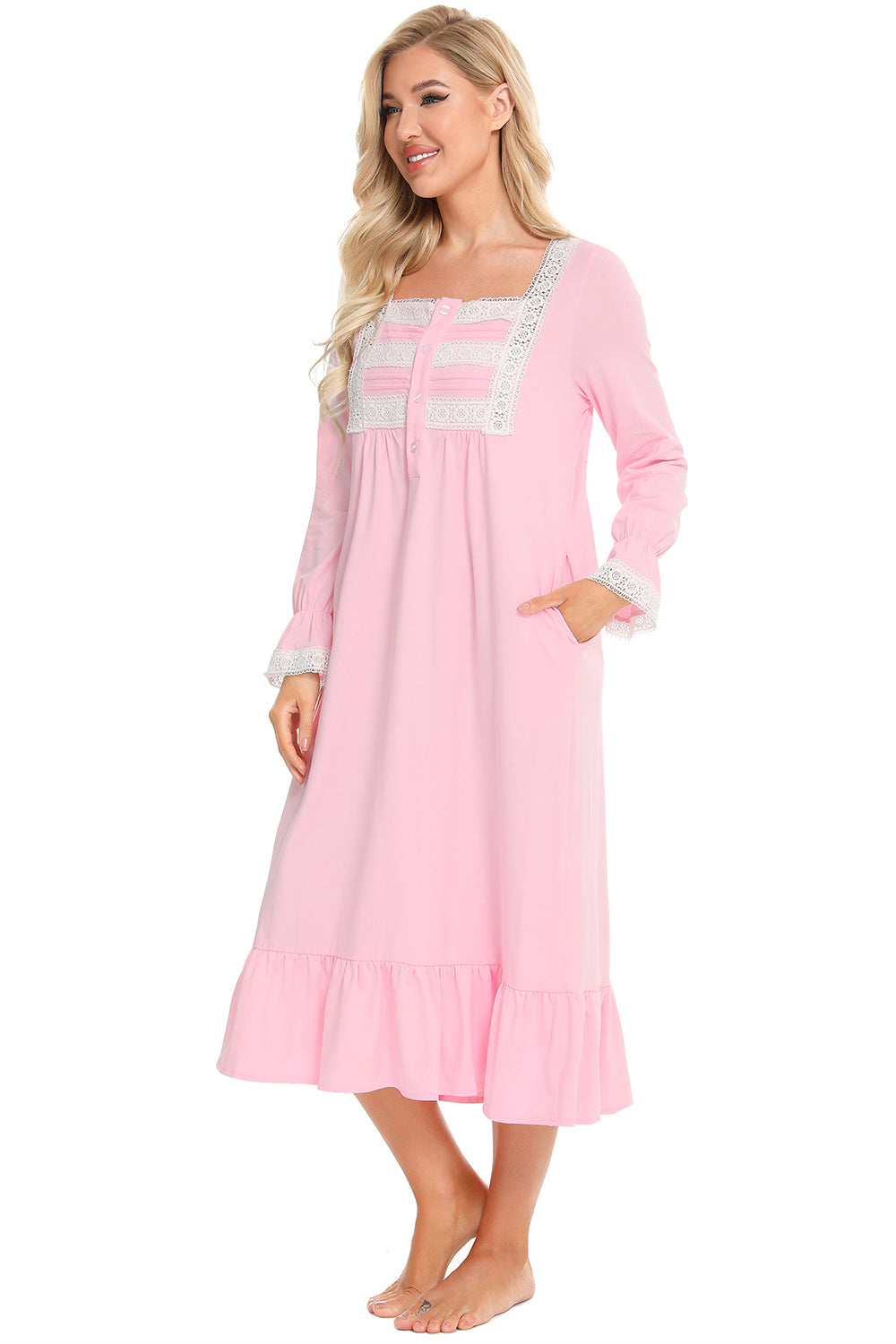 Lace Detail Square Neck Flounce Sleeve Night Dress Easy Apparels