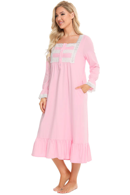 Lace Detail Square Neck Flounce Sleeve Night Dress Easy Apparels