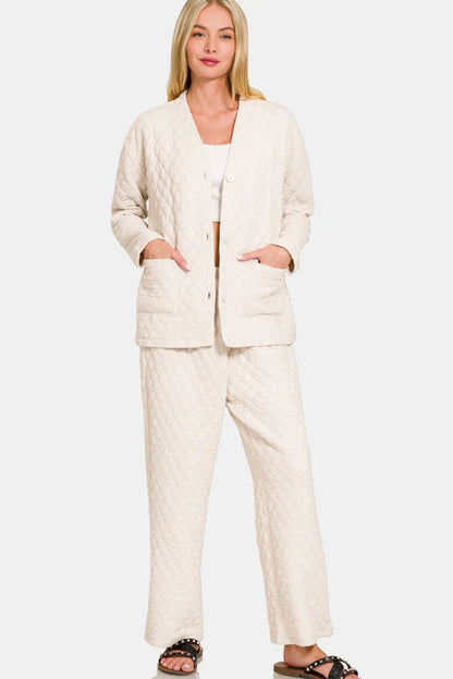 Zenana Quilted Button Up Long Sleeve Top and Pants Lounge Set Beige Easy Apparels