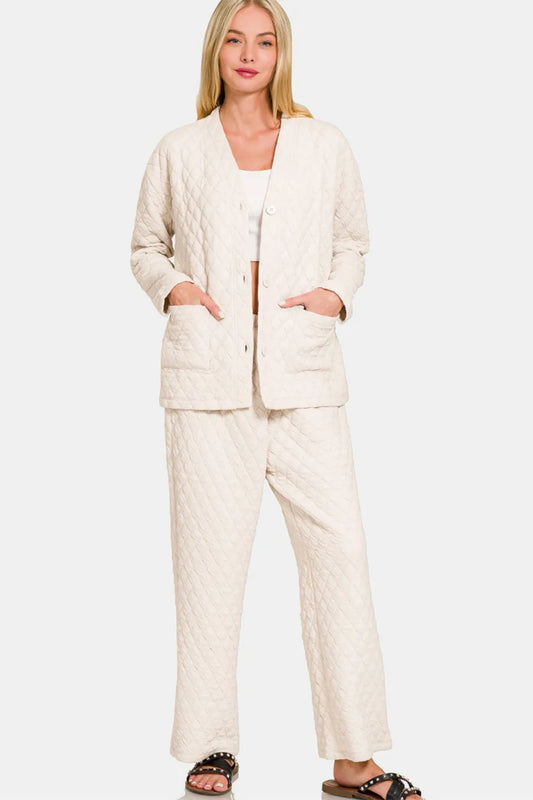 Zenana Quilted Button Up Long Sleeve Top and Pants Lounge Set Beige Easy Apparels