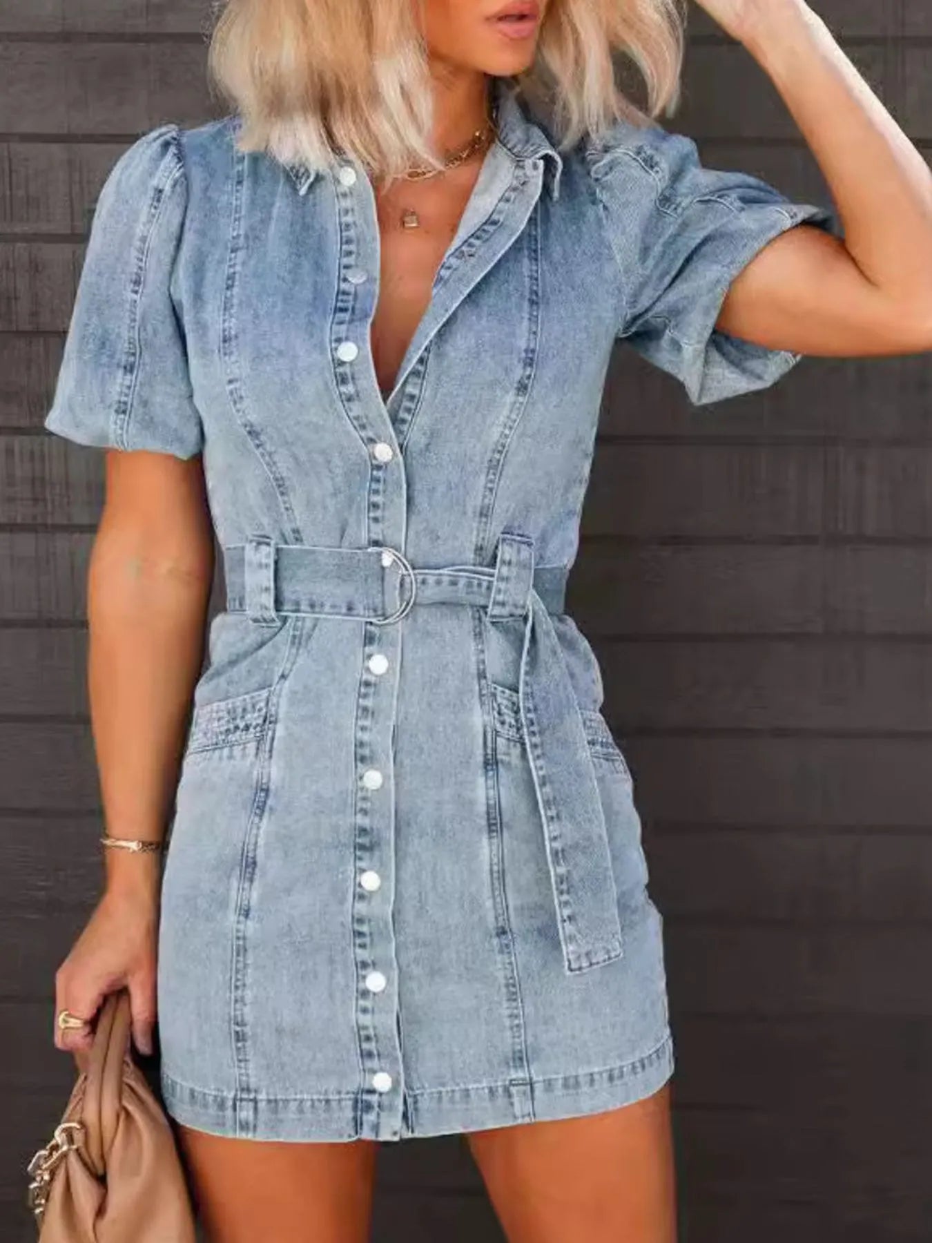 Button-Up Puff Sleeve Denim Shirt Dress Easy Apparels