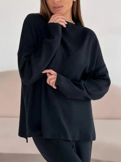 Slit Mock Neck Top and Pants Sweater Set Black Easy Apparels