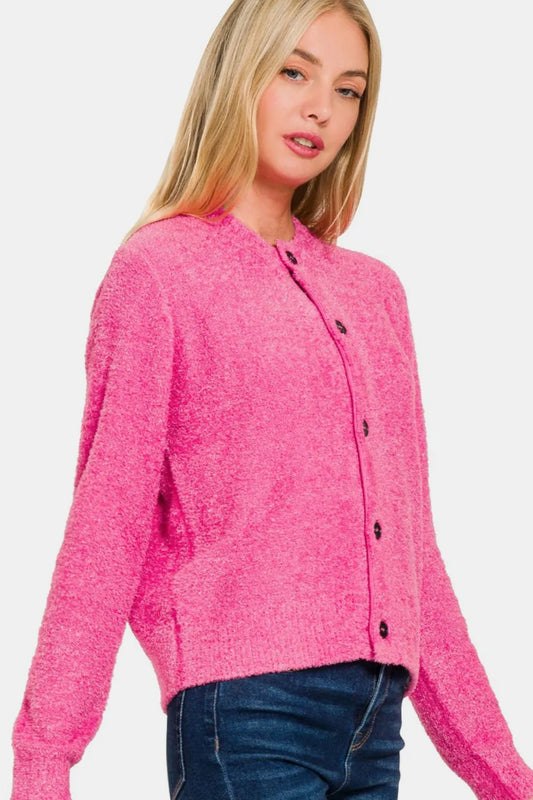 Zenana Button Down Long Sleeve Sweater Cardigan Fuchsia Easy Apparels