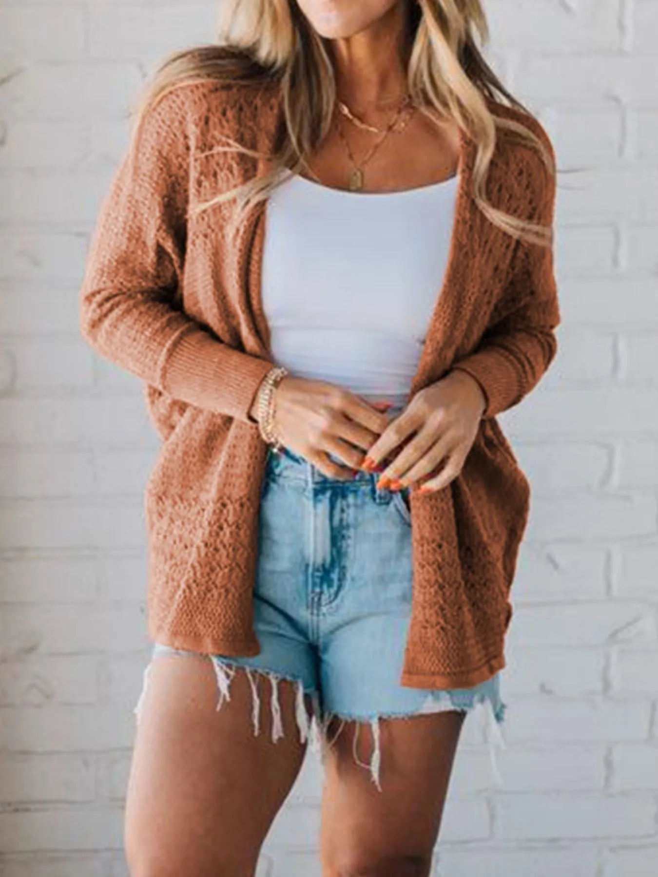 Open Front Knitted Cardigan with Eyelet Details Easy Apparels