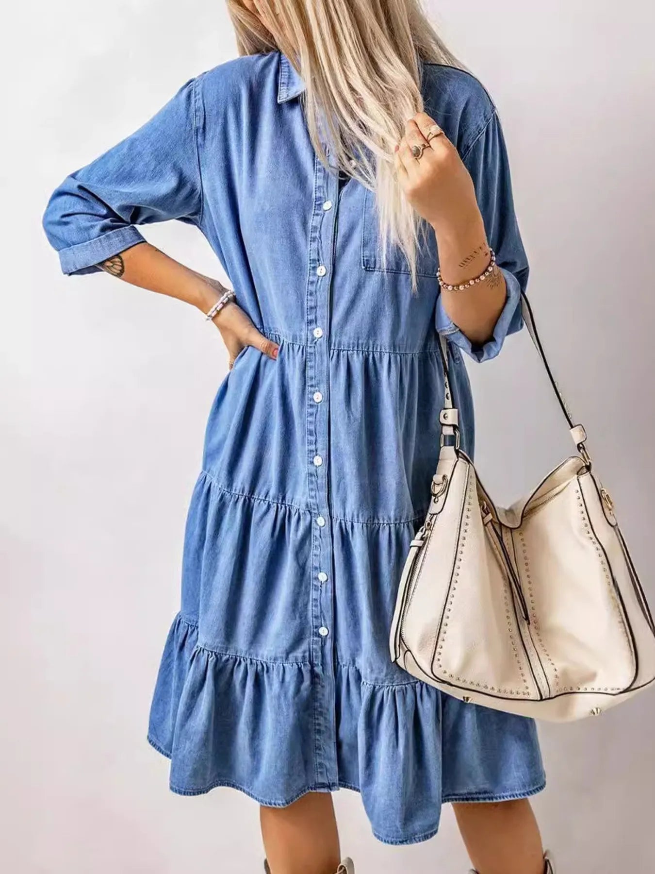 Full Size Ruffled Hem Button Up Denim Midi Dress Plus Size Easy Apparels