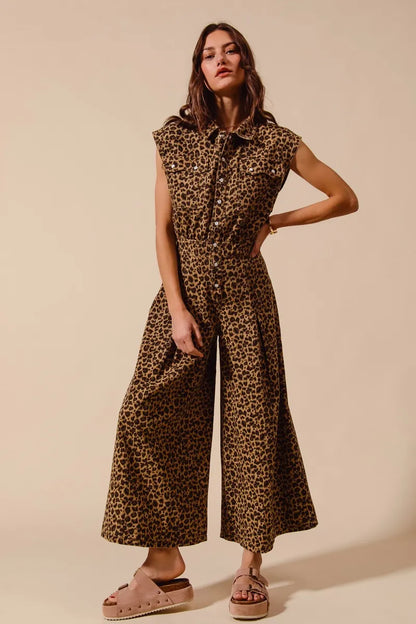 SO ME Wide Leg Leopard Twill Overalls Jumpsuit with Tuck Easy Apparels
