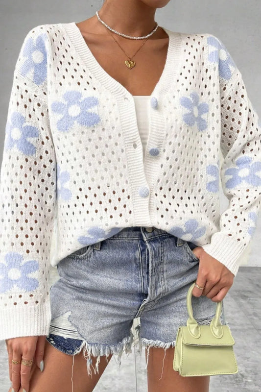 Flower Hollowed Out Button Down Long Sleeve Cardigan White Easy Apparels