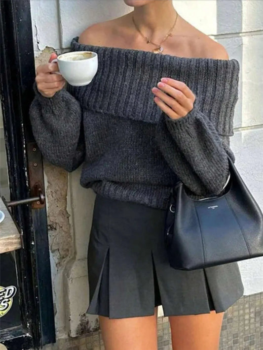 Trendsi Off-Shoulder Ribbed Long Sleeve Sweater Dark Gray