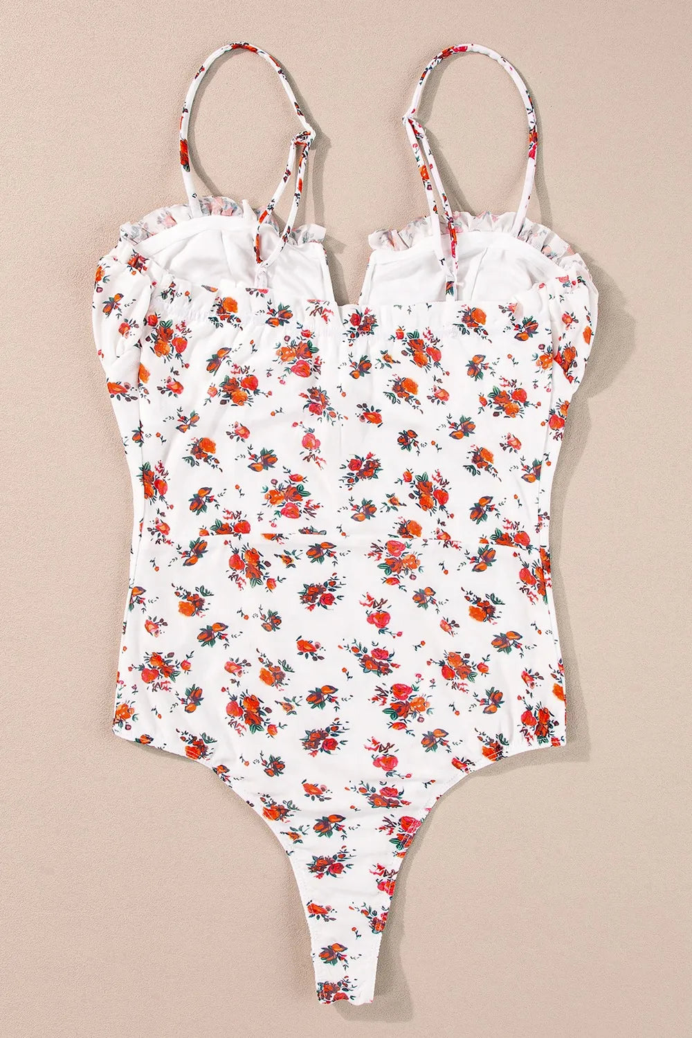 Trendsi Floral Frilled Trim Spaghetti Straps Bodysuit