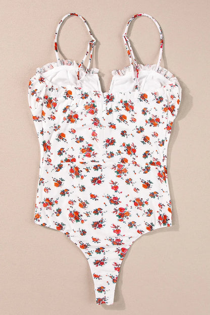 Trendsi Floral Frilled Trim Spaghetti Straps Bodysuit