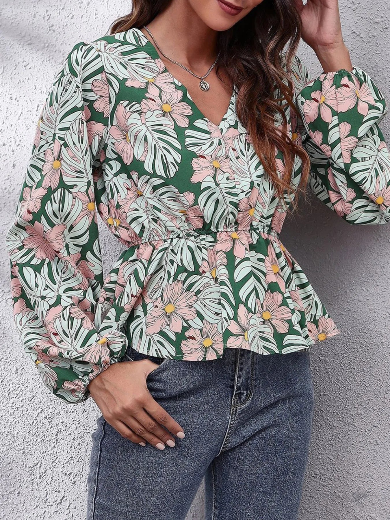Trendsi Floral V-Neck Balloon Sleeve Blouse