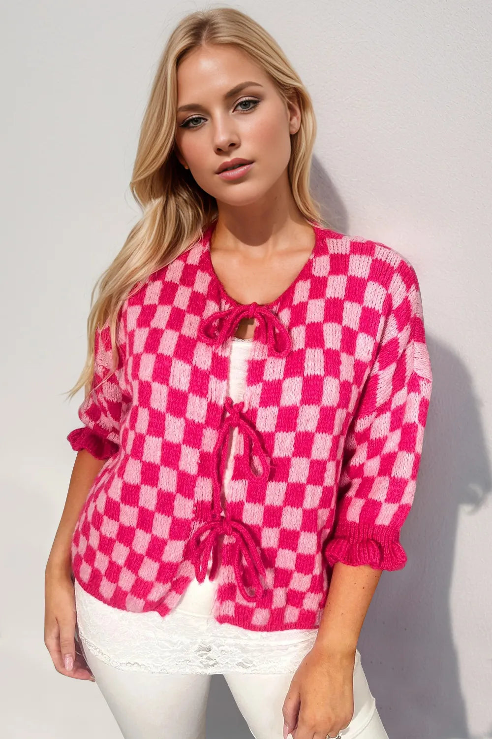 Double Take Tied Checkered Dropped Shoulder Flounce Sleeve Cardigan Easy Apparels
