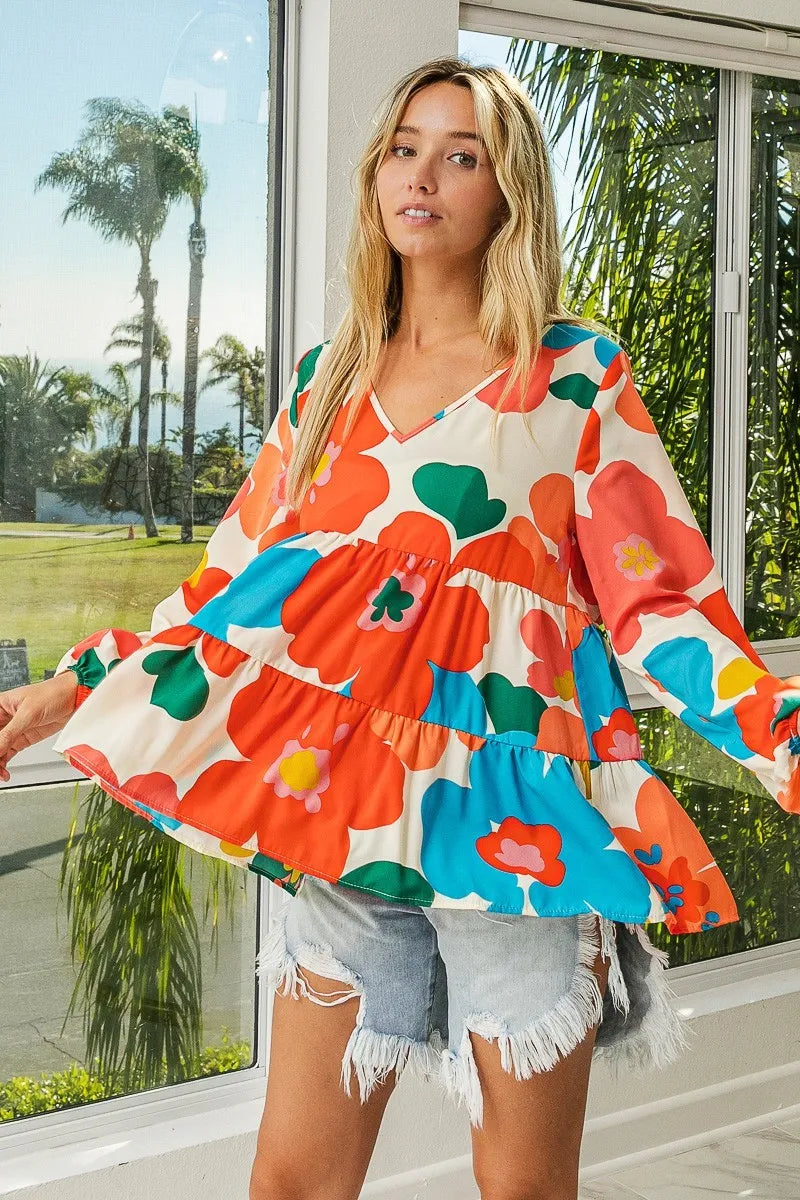 Trendsi BiBi Floral Woven Tiered V Neck Top