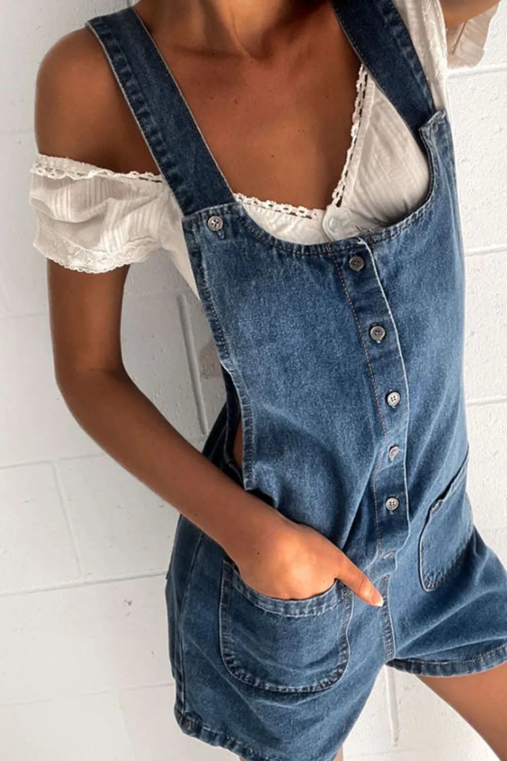 Button Front Denim Overall Shorts with Front Pockets Easy Apparels