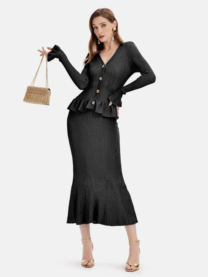 Ruffled V-Neck Top and Midi Skirt Sweater Set Black One Size Easy Apparels