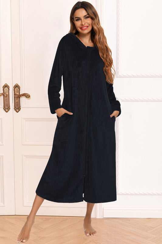 Zip Front Hooded Night Dress with Pockets Black Easy Apparels