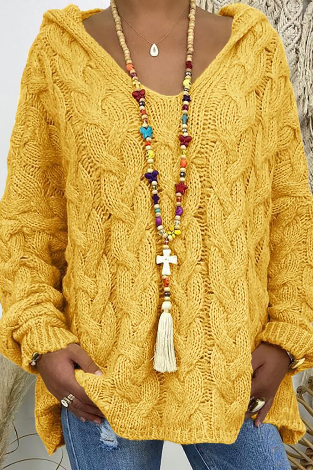Cable-Knit Hooded Sweater Yellow Easy Apparels