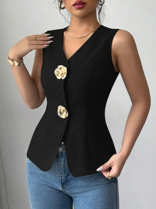 Trendsi V-Neck Button Detail Tank Top Black