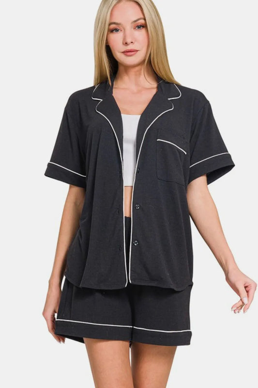 Zenana Button Down Short Sleeve Top and Shorts Lounge Set Black Easy Apparels