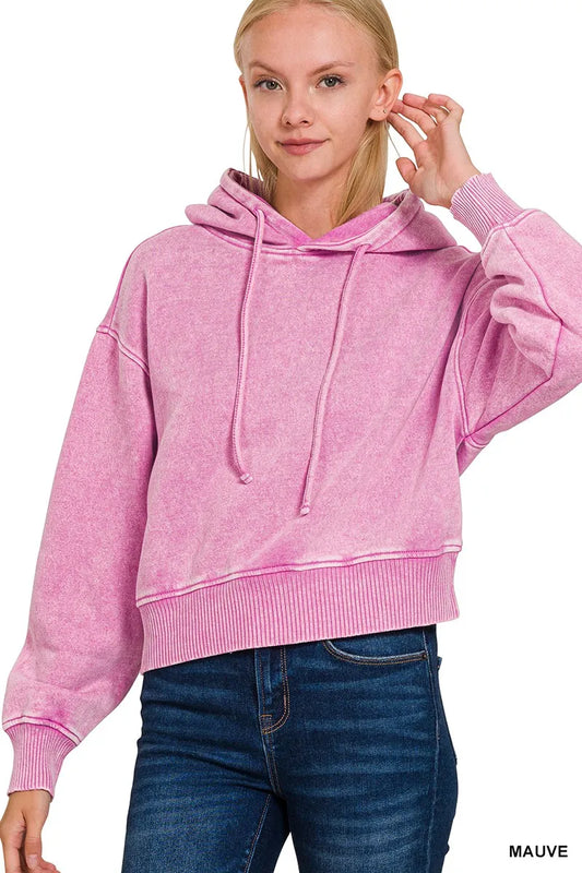 Trendsi Zenana Acid Wash Fleece Drawstring Cropped Hoodie MAUVE