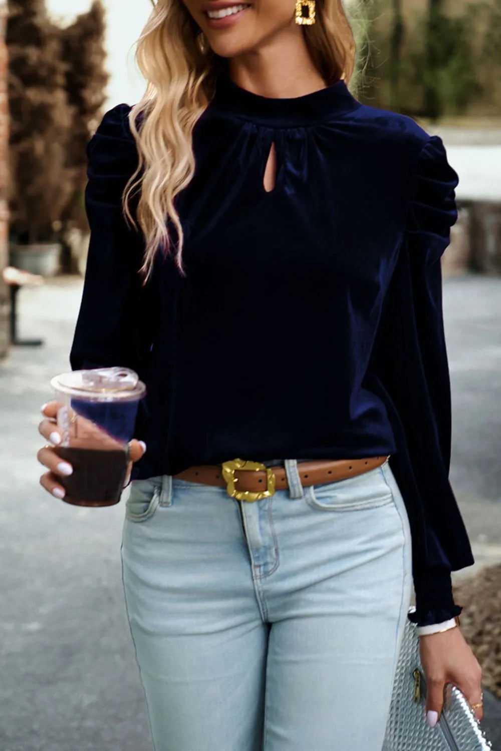 Trendsi Tie Up Mock Neck Velvet Fabric Long Sleeve Blouse