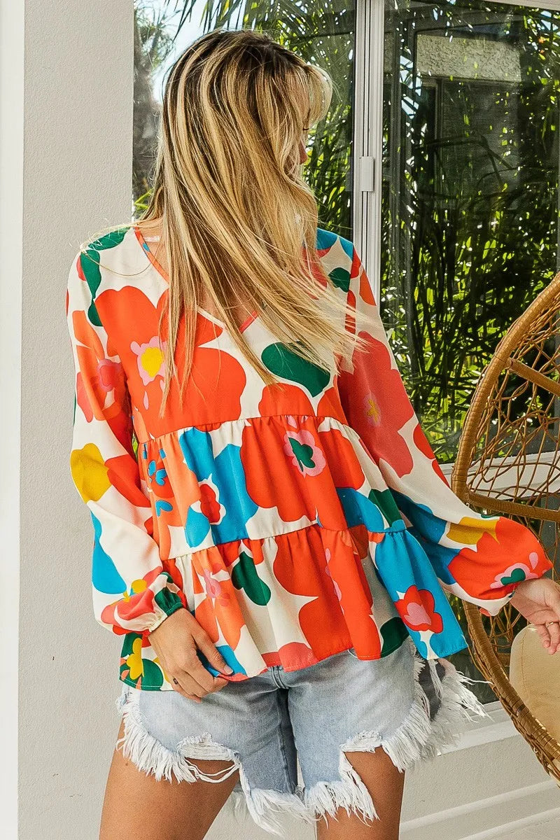 Trendsi BiBi Floral Woven Tiered V Neck Top
