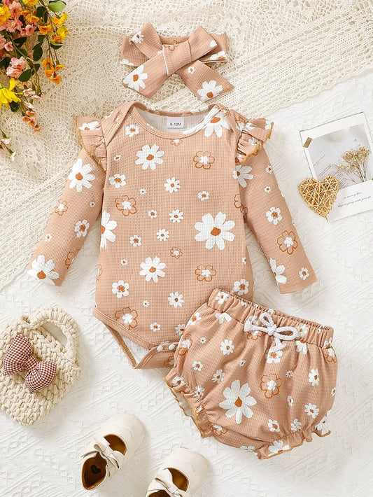 Children's Ruffled Floral Bodysuit and Bloomer, Headband Set Apricot Easy Apparels