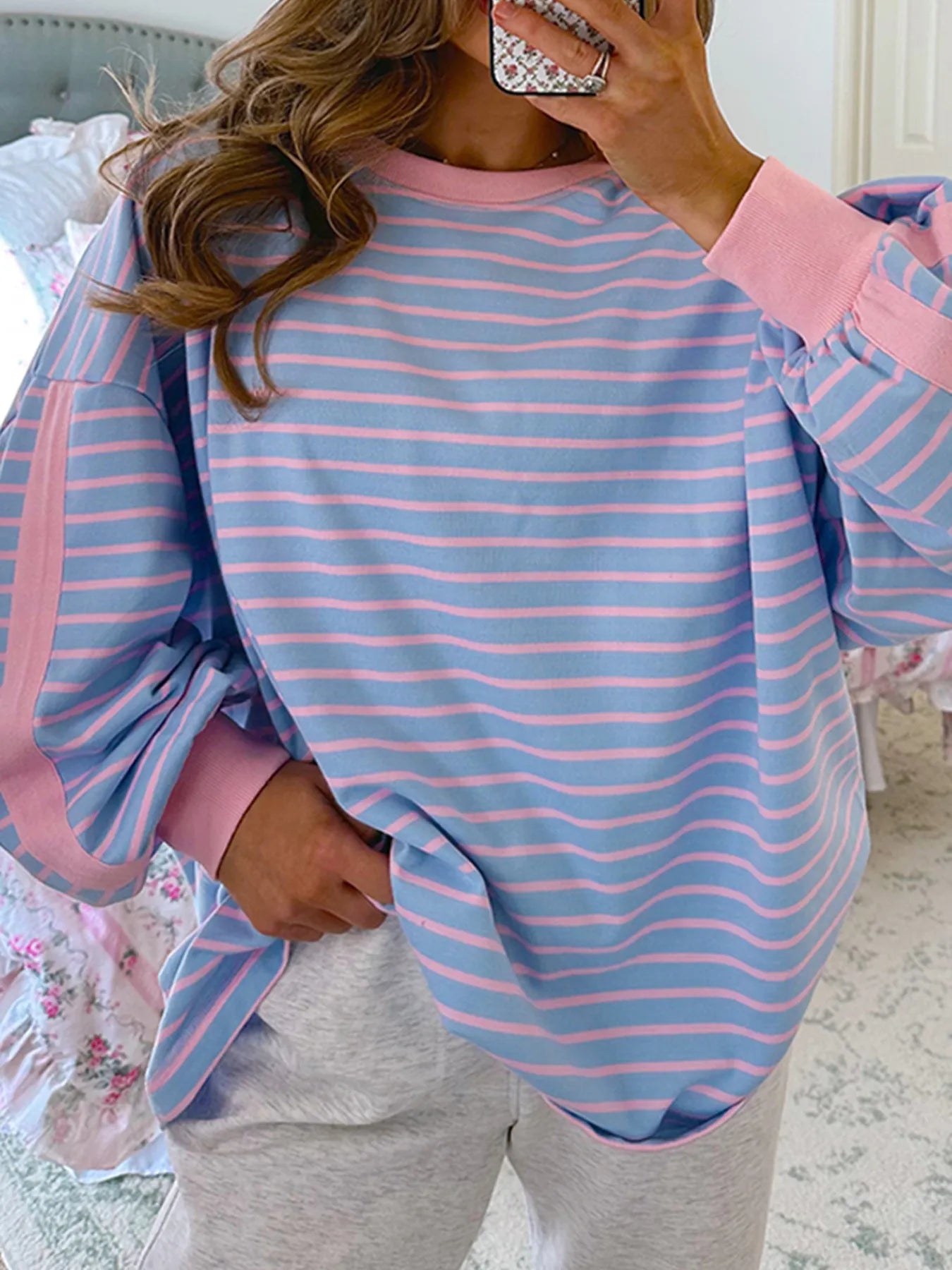 Trendsi Stripe Oversize Contrast Trim Drop Shoulder Sweatshirt Blue Purple