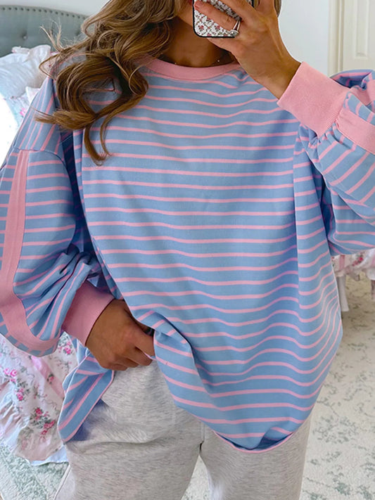 Trendsi Stripe Oversize Contrast Trim Drop Shoulder Sweatshirt Blue Purple