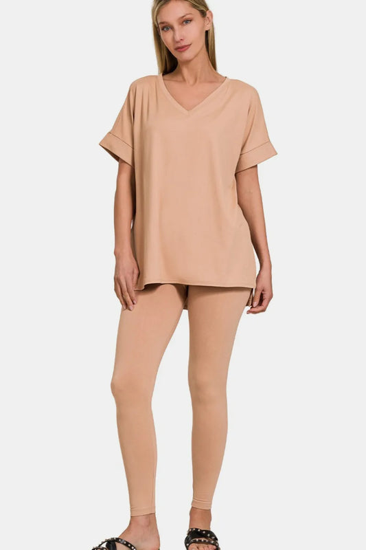 Zenana Full Size V-Neck Rolled Short Sleeve T-Shirt and Leggings Lounge Set Brush Easy Apparels