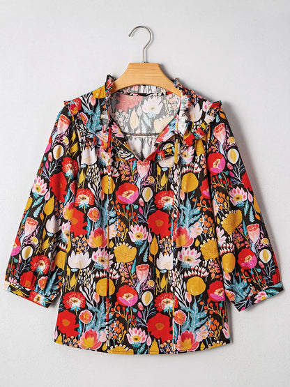 Trendsi Floral 3/4 Puff Sleeve Tied Neck Blouse