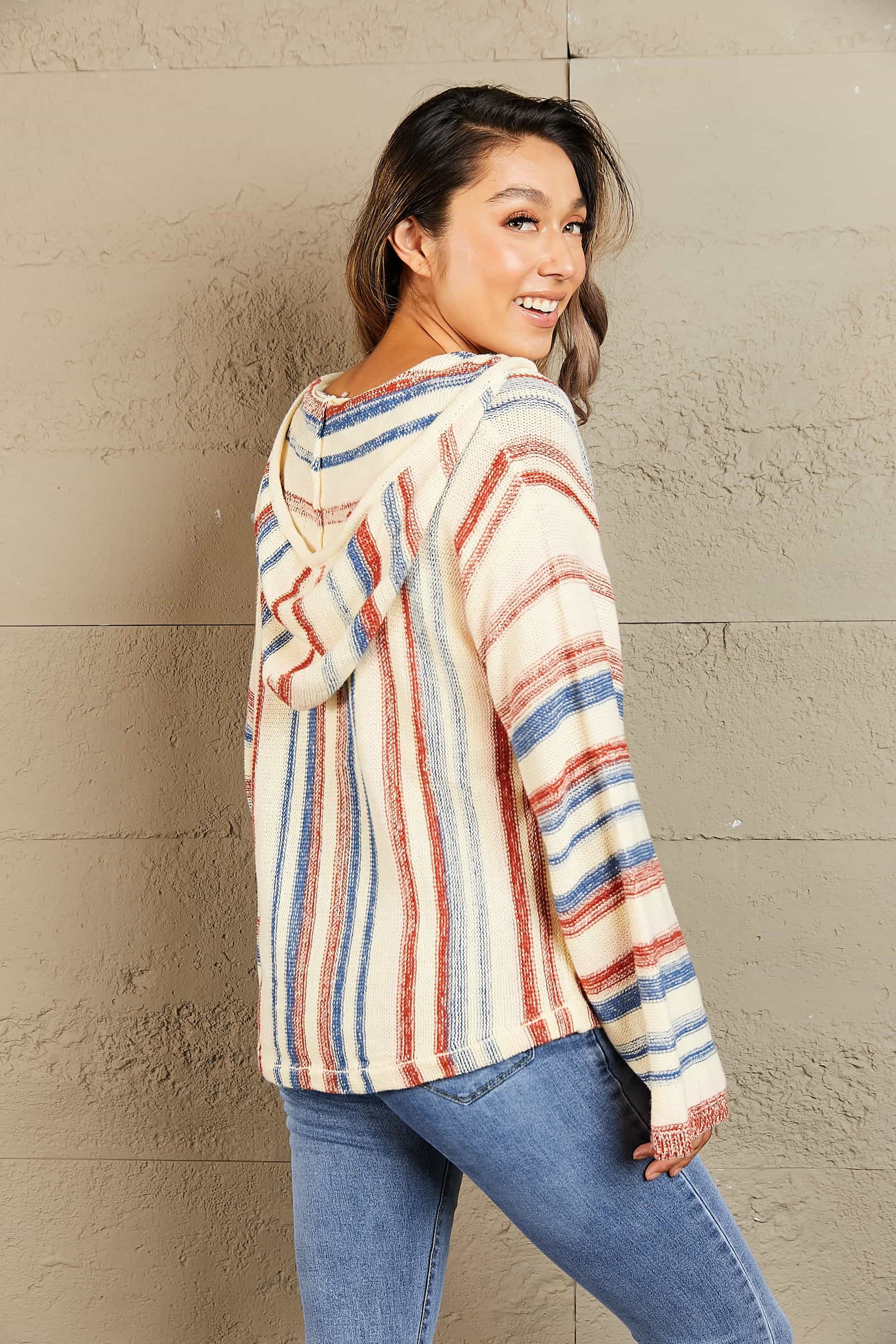 Striped Hooded Sweater with Kangaroo Pocket Easy Apparels