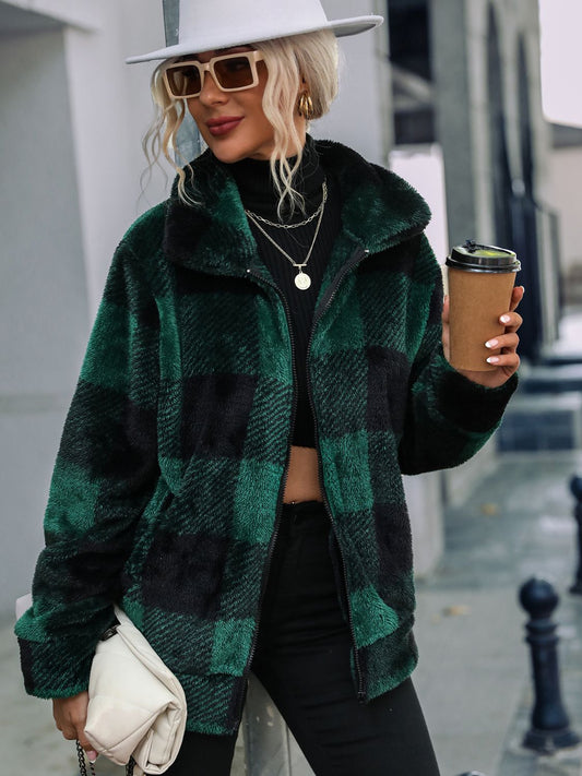 Plaid Zip-Up Collared Jacket Black Forest Easy Apparels