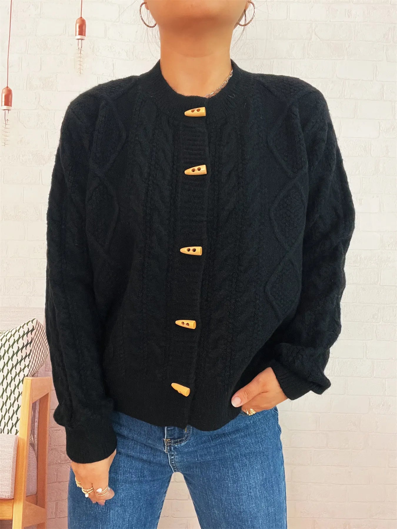 Cable Knit Button-Up Cardigan Black One Size Easy Apparels