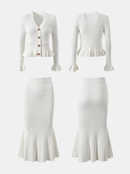 Ruffled V-Neck Top and Midi Skirt Sweater Set Easy Apparels