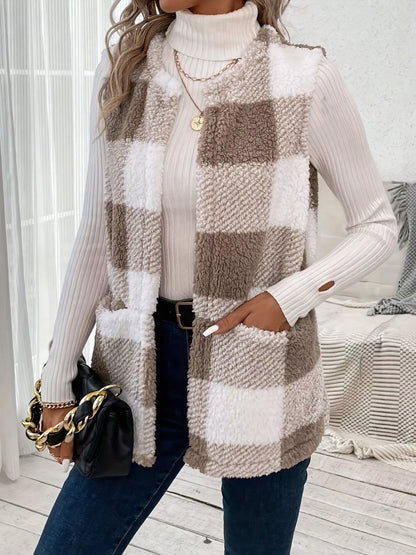 Plaid Sherpa Vest Coat with Pockets Easy Apparels