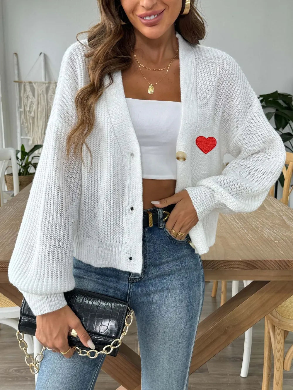 Heart Button Down V-Neck Long Sleeve Cardigan Easy Apparels
