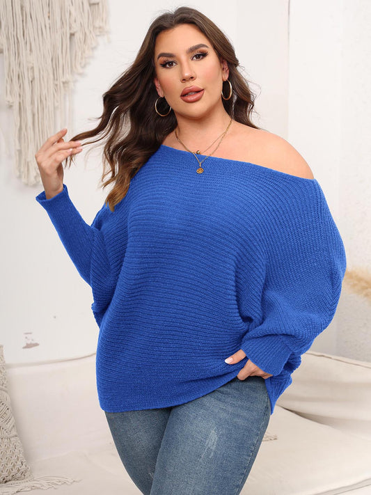 Full Size Boat Neck Batwing Sleeve Sweater Royal Blue Easy Apparels