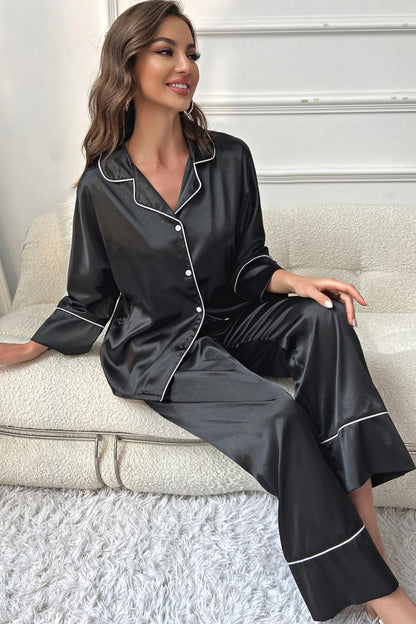 Contrast Piping Button-Up Top and Pants Pajama Set Easy Apparels