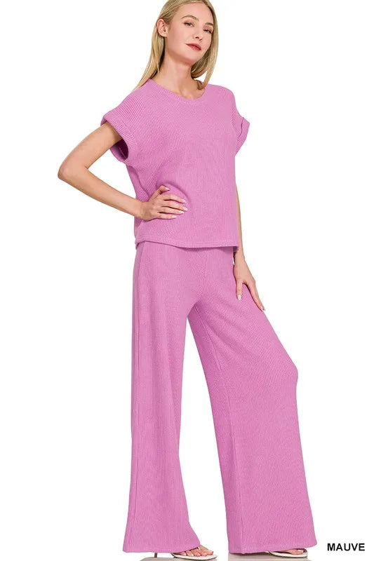 Zenana Rolled Sleeve Top and Pants Sweater Set MAUVE Easy Apparels