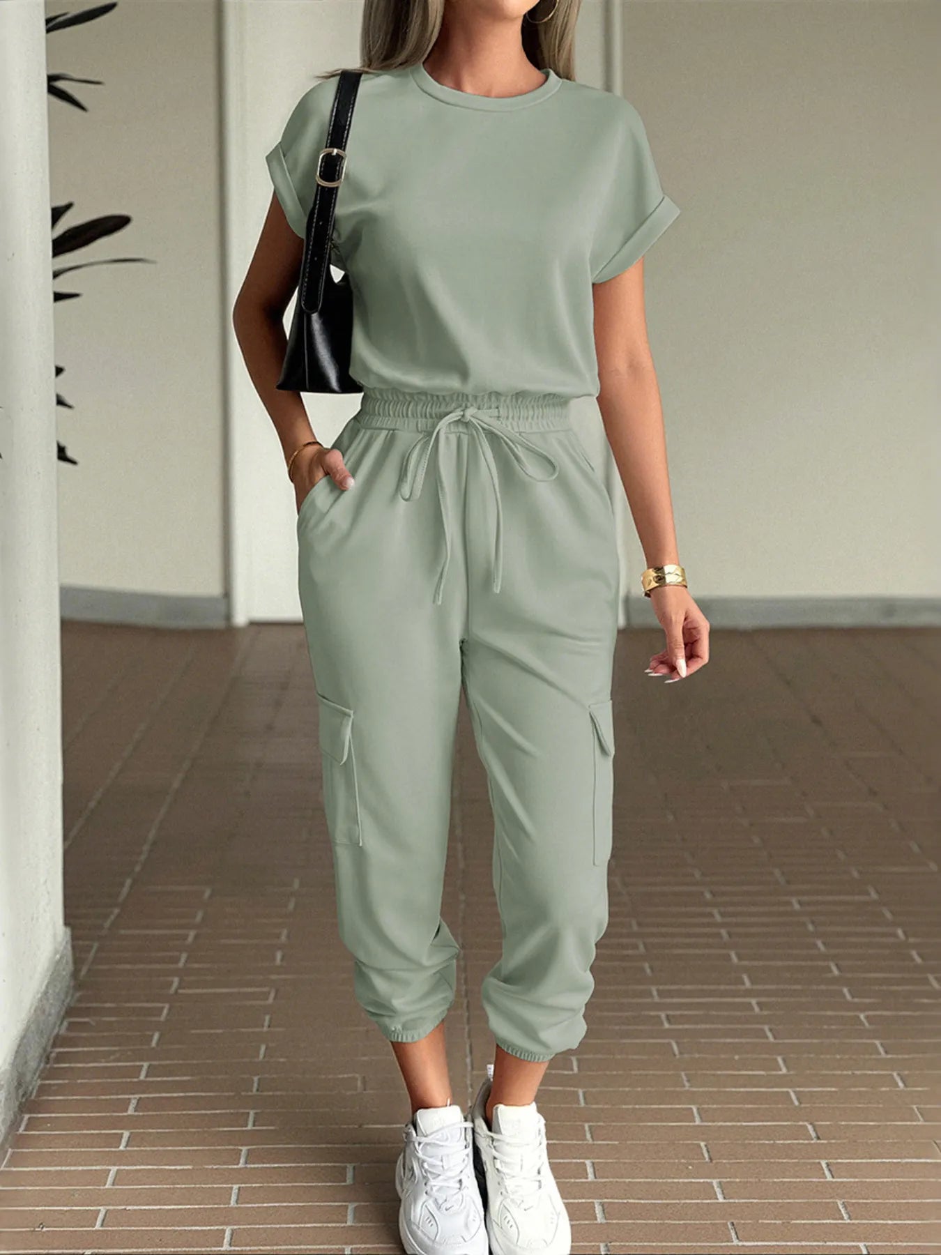 Round Neck Short Sleeve Top and Pants Set Matcha Green Easy Apparels
