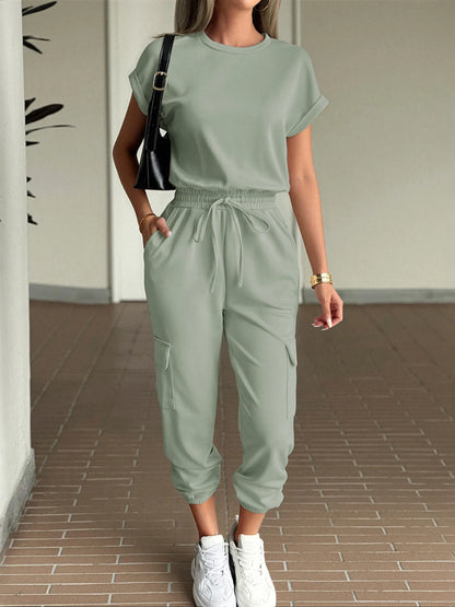 Round Neck Short Sleeve Top and Pants Set Matcha Green Easy Apparels