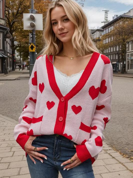 Heart Button Up Dropped Shoulder Long Sleeve Cardigan Blush Pink Easy Apparels